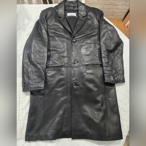 Calvin Klein Black Leather Trench Coat with Notch Lapel